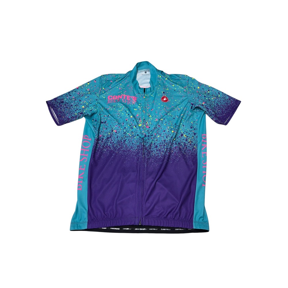 Castelli Contes Bike Shop Cycling Jersey Mens Large Teal Purple Splatter 2400